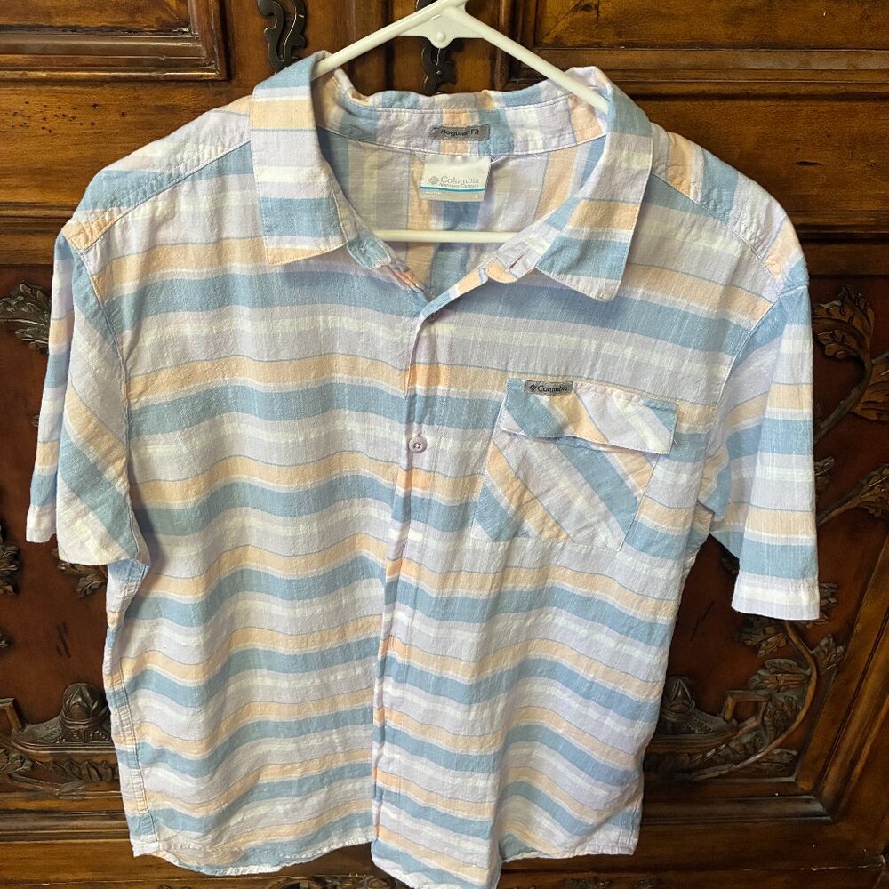 Columbia Men's Striped Button Down Cotton Shirt size L Blue & Yellow Gorpcore.